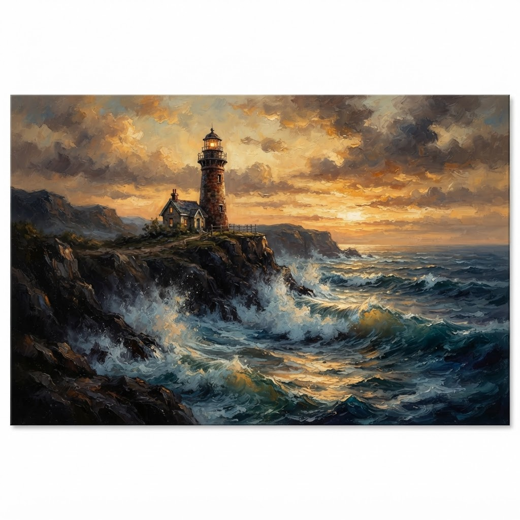 AI generated desktop canvas — lighthouse at golden hour