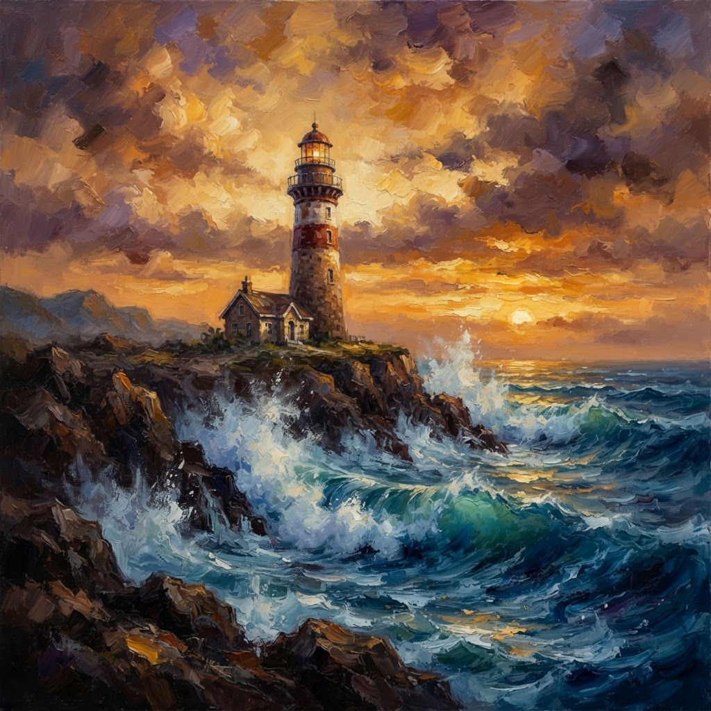 AI generated square canvas — lighthouse at golden hour